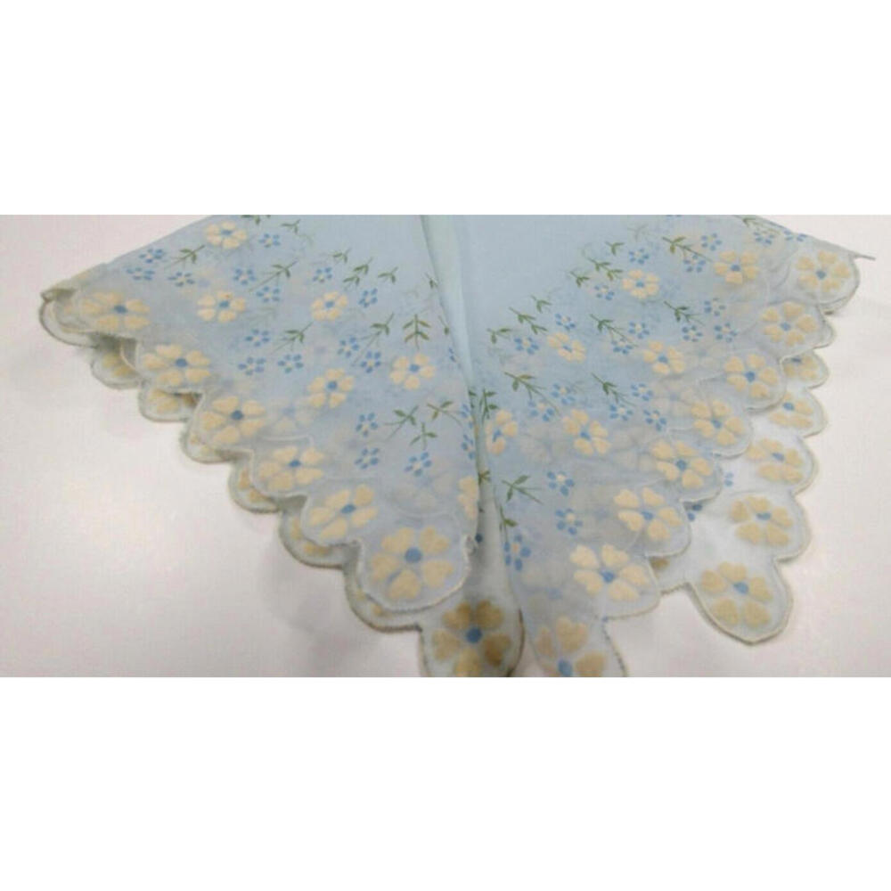 1950s Hankie Pearl Daisies Placemat Baby Blue Sheer Nylon Scarf Mod Handkerchief